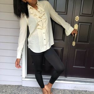 White silk shirt with navy polka dots